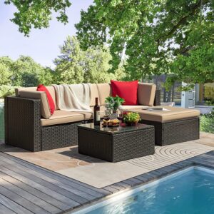 Tuoze 5 Pieces Patio Furniture Sectional Outdoor PE Rattan Wicker Lawn Conversation Cushioned Garden Sofa Set